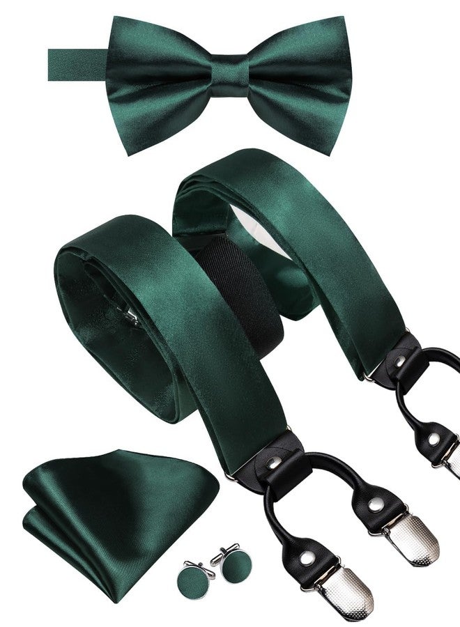 Hi-Tie Dark Green Satin Suspender for Men Suspenders Pre-tied Bow Tie Set Pocket Square Cufflinks Adjustable Y Shape 6 Clips Braces Tuxedo - Image 1