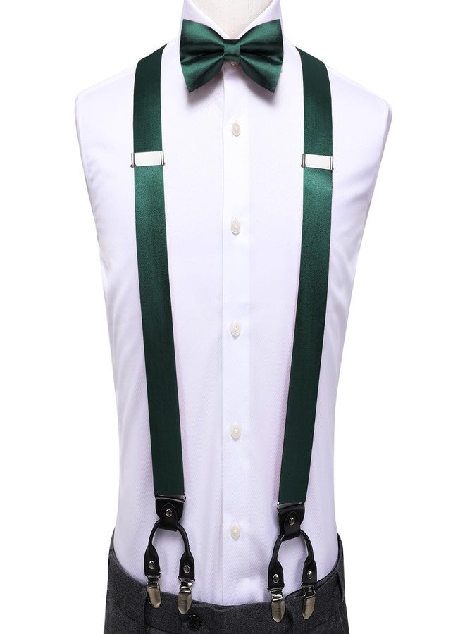 Hi-Tie Dark Green Satin Suspender for Men Suspenders Pre-tied Bow Tie Set Pocket Square Cufflinks Adjustable Y Shape 6 Clips Braces Tuxedo - Image 2