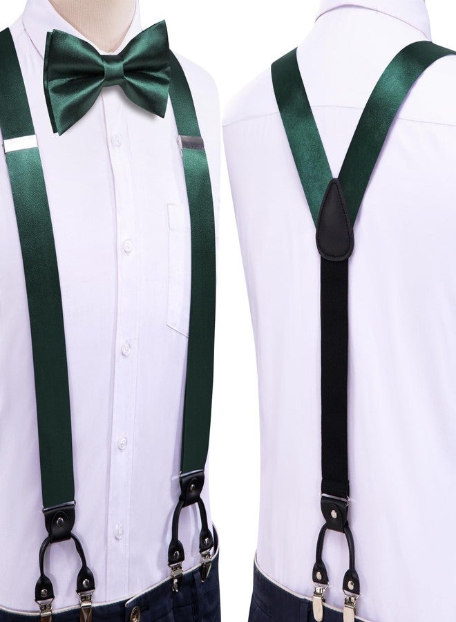 Hi-Tie Dark Green Satin Suspender for Men Suspenders Pre-tied Bow Tie Set Pocket Square Cufflinks Adjustable Y Shape 6 Clips Braces Tuxedo - Image 3