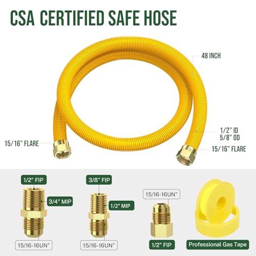 Alloxity 48" Flex Gas Line, Gas Dryer Connector Kit, Stove/Water Heater/Dryer Gas Line with Connectors 1/2" MIP 1/2"FIP 3/4"MIP, 5/8 in.OD(1/2 in. ID）Coated Corrugated Stainless Steel Tubing - Image 4