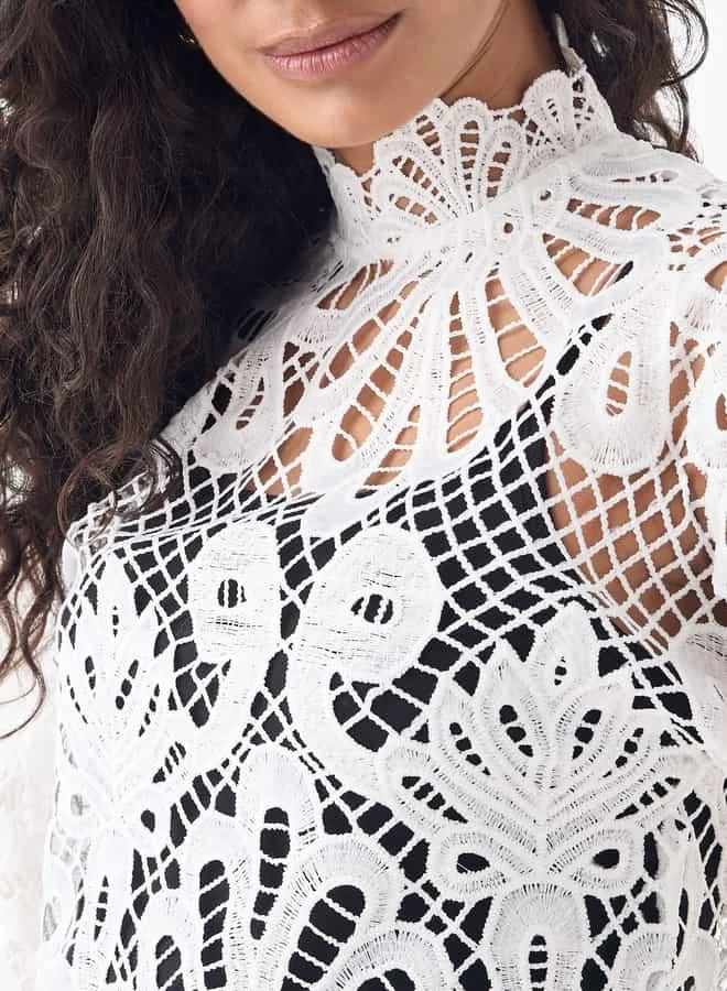2Xtremz 2Xtremz Lace Detail Top with High Neck and Long Sleeves