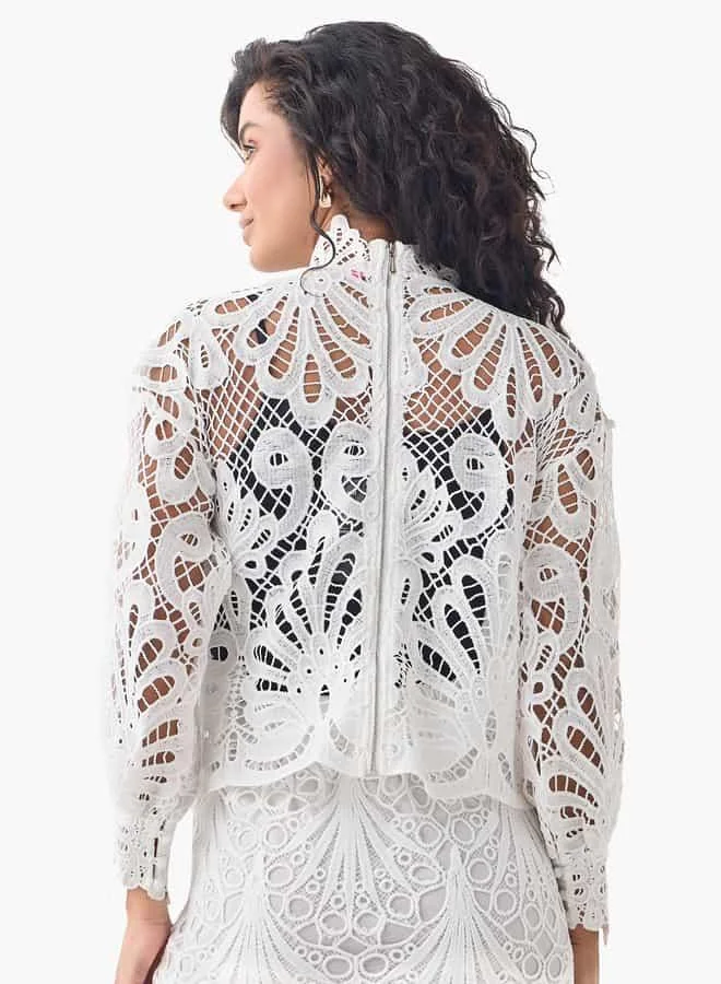 2Xtremz 2Xtremz Lace Detail Top with High Neck and Long Sleeves