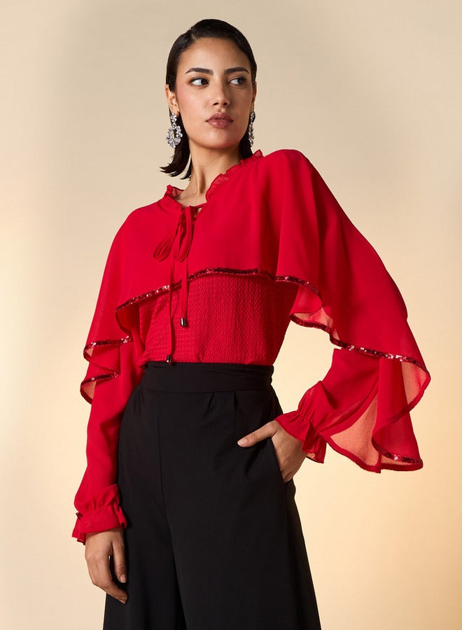 2Xtremz Textured Cape Top with Tie-Up Detail and Long Sleeves - Image 1