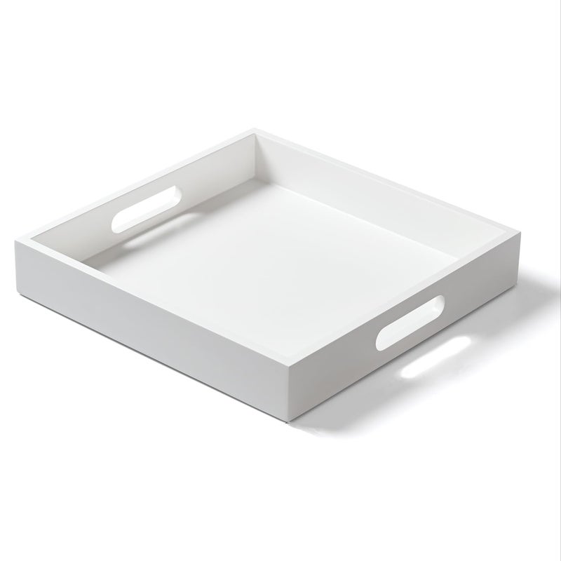 White Wooden Serving Tray with Handles 12x12x2H Square Countertop Organizer Tray Decorative Cosmetics Trays for Kitchen Bathroom Sturdy Food Trays for Breakfast Tea