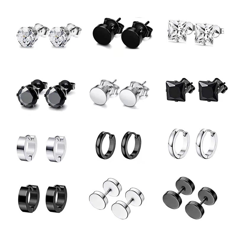 LEBOCADO 12 Pairs Earrings for Men, Stainless Steel Black Stud Earrings Hoop Earrings Set for Women, Black and Sliver Ear Studs (12 Pairs Set) - Image 2