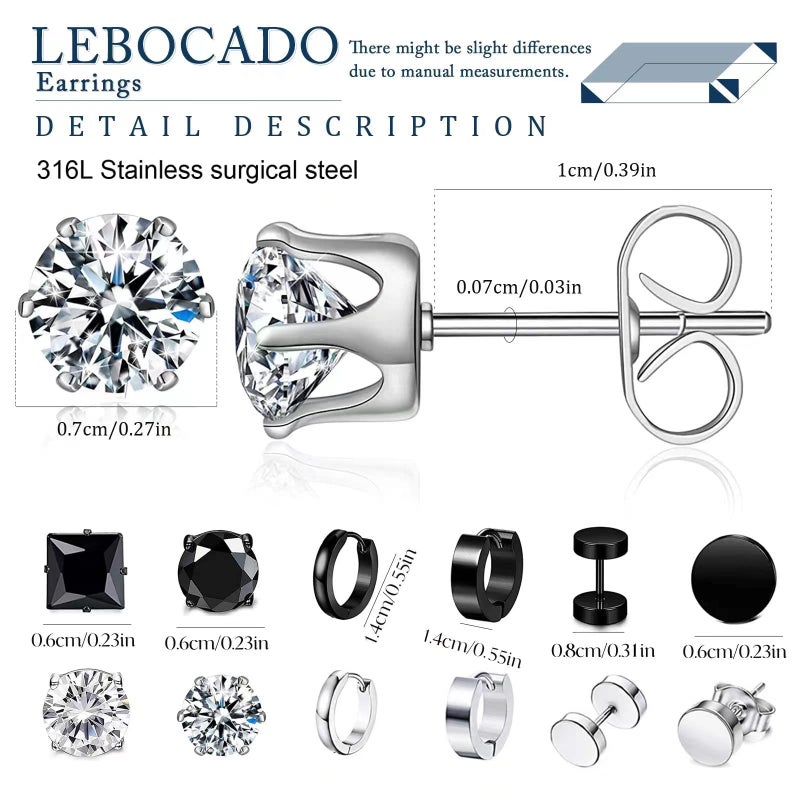 LEBOCADO 12 Pairs Earrings for Men, Stainless Steel Black Stud Earrings Hoop Earrings Set for Women, Black and Sliver Ear Studs (12 Pairs Set) - Image 3