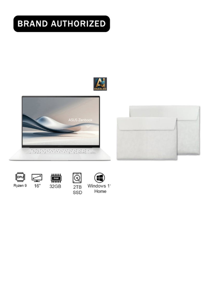 ASUS Zenbook S 16 OLED AI Laptop With 16 Inch (2880x1800) Display, AMD Ryzen AI R9-HX370 Processor/32GB RAM/2TB SSD/Intel UHD Graphics/Windows 11 Home With Copilot Keyboard+ Free Sleeve English/Arabic Scandinavian White - Image 1