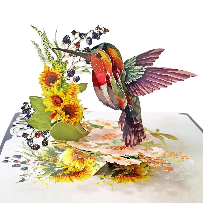 CUT POPUP.COM CUTPOPUP Hummingbird Birthday Card Pop Up, Mothers Day, 3D Popup Greeting Card, Birthday Card for Women (Hummingbird Sunflower) - Image 1