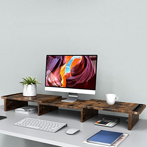 Zimilar Dual Monitor Stand Riser, Monitor Stand with Adjustable Length and Angle, Wood Monitor stand for desk, Monitor Riser for 2 monitors with Storage Space(Rust Brown Large) - Image 4