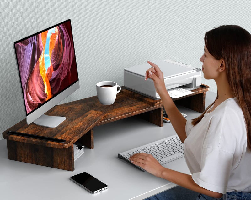Zimilar Dual Monitor Stand Riser, Monitor Stand with Adjustable Length and Angle, Wood Monitor stand for desk, Monitor Riser for 2 monitors with Storage Space(Rust Brown Large) - Image 5