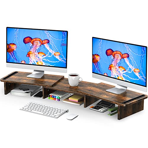 Zimilar Dual Monitor Stand Riser, Monitor Stand with Adjustable Length and Angle, Wood Monitor stand for desk, Monitor Riser for 2 monitors with Storage Space(Rust Brown Large) - Image 1