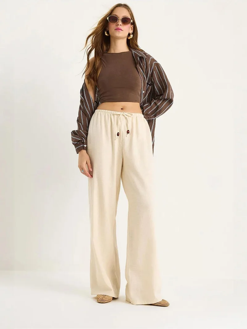 Bianco Lucci Beige Natural LUCCI High Waist Wide Leg Pants with Drawstring for Women | Best Price UAE