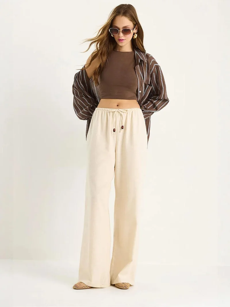 Bianco Lucci Beige Natural LUCCI High Waist Wide Leg Pants with Drawstring for Women | Best Price UAE