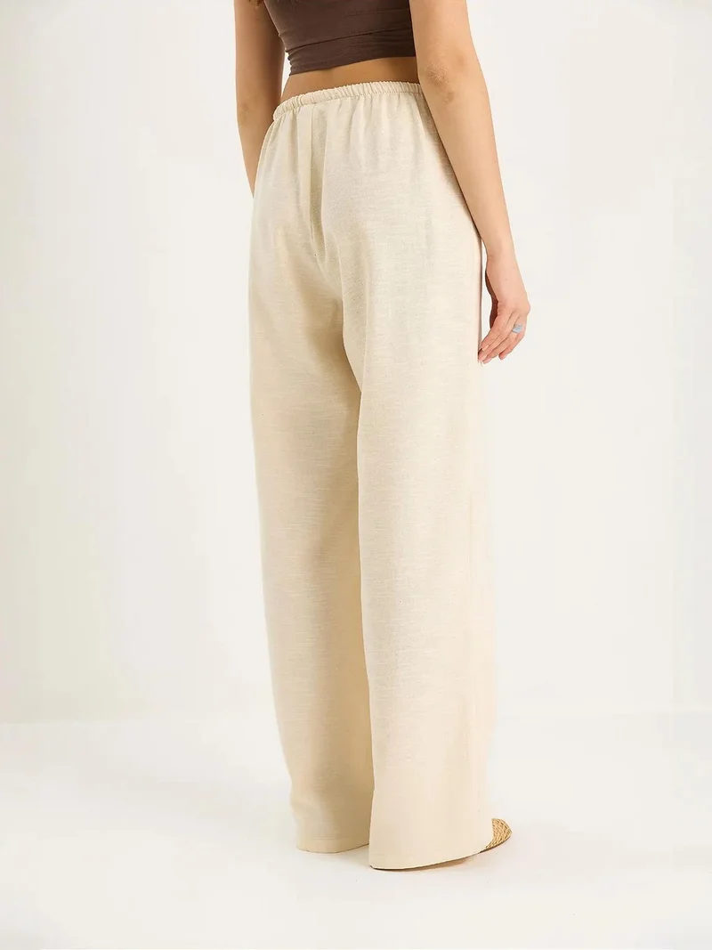 Bianco Lucci Beige Natural LUCCI High Waist Wide Leg Pants with Drawstring for Women | Best Price UAE