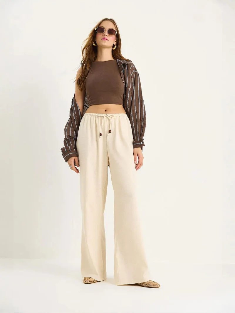 Bianco Lucci Beige Natural LUCCI High Waist Wide Leg Pants with Drawstring for Women | Best Price UAE