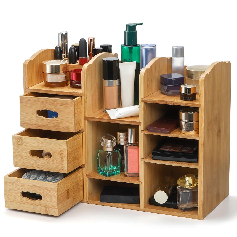 Coloch Bamboo Makeup Cosmetics Organizer with Drawers Multifunctional Dresser Top Makeup Storage Tabletop Organizer Shelf for Desktop Skincare Beauty Supplies Cosmetics Display Stationery Storage