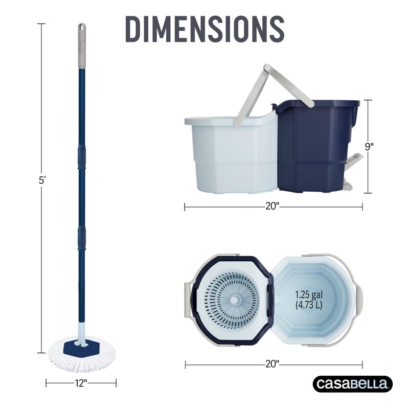 Casabella Spin Mop System with Extra Mop Head Refill - Two-Bucket Design with Splash Guard Built-in Measuring Cup and Scraper Tool with Easy Wring Pedal Spinner, 1.25-Gallon, Blue - Image 5