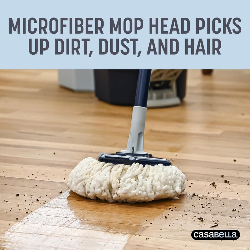 Casabella Spin Mop System with Extra Mop Head Refill - Two-Bucket Design with Splash Guard Built-in Measuring Cup and Scraper Tool with Easy Wring Pedal Spinner, 1.25-Gallon, Blue - Image 4