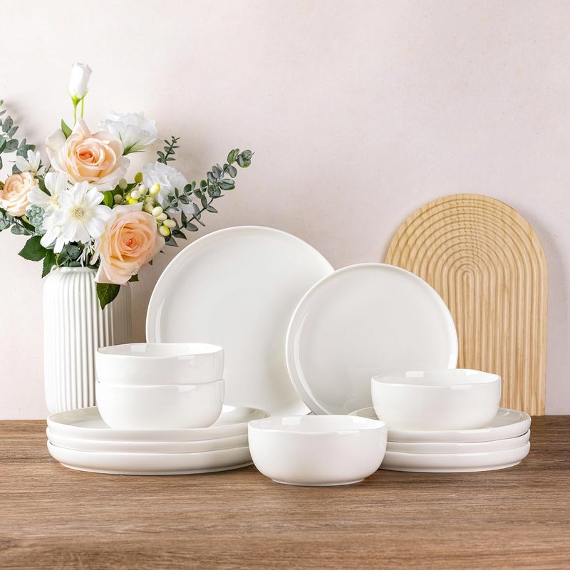 LERATIO Ceramic Dinnerware Sets for 4Handcraft Wavy Rim Stoneware Plates and Bowls SetsHighly Chip and Crack Resistant  Dishwasher  Microwave  Oven Safe Dishes setService for 4 12pcWhite Wave - Image 1