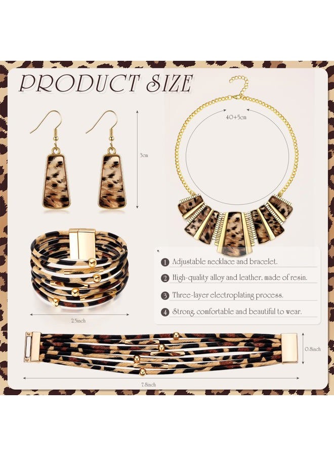 Junkin Leopard Bracelet for Women Bohemia Leopard Bib Chain Necklace and Earrings Jewelry Multi Layer PU Leather Bracelet Vintage Leopard Necklace and Earring Set for Girl Costume Decor - Image 5