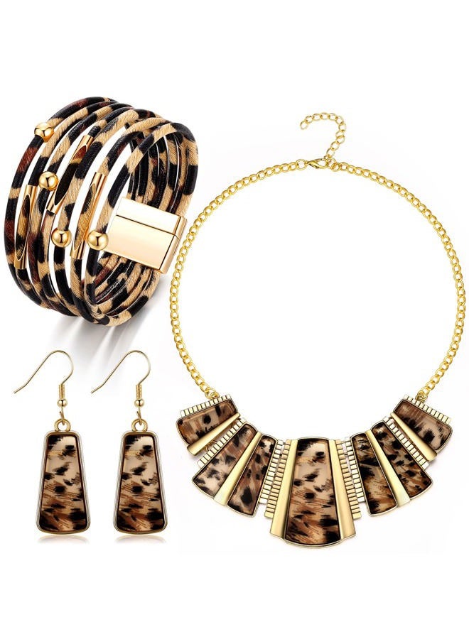 Junkin Leopard Bracelet for Women Bohemia Leopard Bib Chain Necklace and Earrings Jewelry Multi Layer PU Leather Bracelet Vintage Leopard Necklace and Earring Set for Girl Costume Decor - Image 1