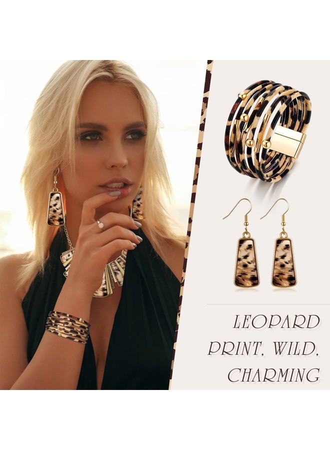 Junkin Leopard Bracelet for Women Bohemia Leopard Bib Chain Necklace and Earrings Jewelry Multi Layer PU Leather Bracelet Vintage Leopard Necklace and Earring Set for Girl Costume Decor - Image 3
