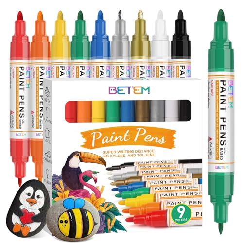 Betem 9 Count Dual Tip Oil Based Paint Markers Acrylic Paint Pens(0.7mm & 3mm), Permanent Marker Paint Markers, Waterproof, Quick Dry, for Fabric, Rock Painting, Wood, Plastic, Ceramic, Metal, Canvas - Image 1