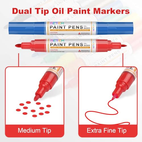 Betem 9 Count Dual Tip Oil Based Paint Markers Acrylic Paint Pens(0.7mm & 3mm), Permanent Marker Paint Markers, Waterproof, Quick Dry, for Fabric, Rock Painting, Wood, Plastic, Ceramic, Metal, Canvas - Image 3