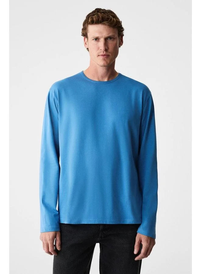 Grimelange GRAVS Men's 100% Cotton Soft Fabric Round Neck Long Sleeve Blue T-Shirt.