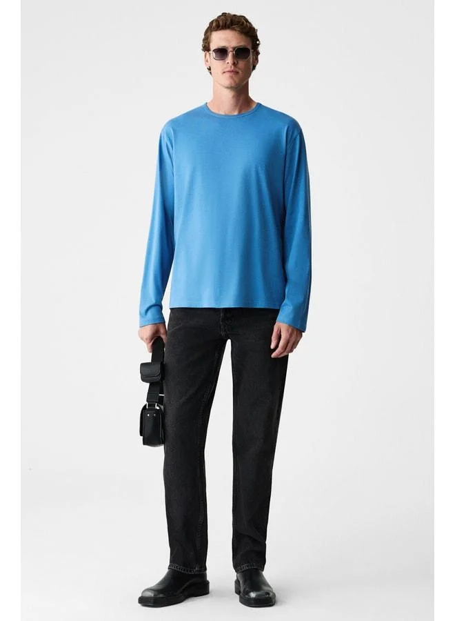 Grimelange GRAVS Men's 100% Cotton Soft Fabric Round Neck Long Sleeve Blue T-Shirt.