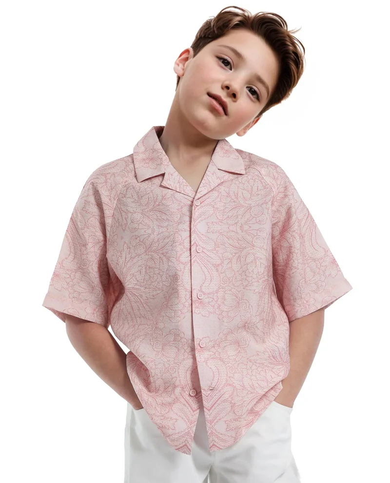 رير ونز Rare Ones Kids Telo-K Red Tencel Nylon Half Sleeve Button Printed Regular Fit Shirt