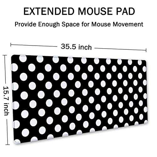 SSOIU Extended Gaming Mouse Pad (35.5x15.7 in), Large Stable Rubber Base Mousepad with Stitched Edges, Keyboard Mouse Mat Desk Pad for Work, Game, Office, Home - Black and White Polka Dot - Image 2