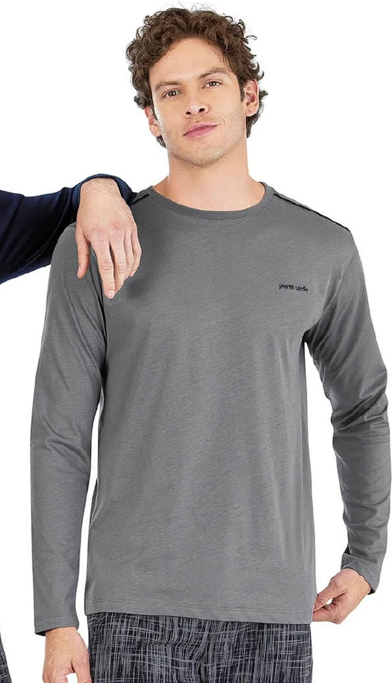 بيير كاردان 6065 Men's Long Sleeve Crew Neck Pajama Set-Gray
