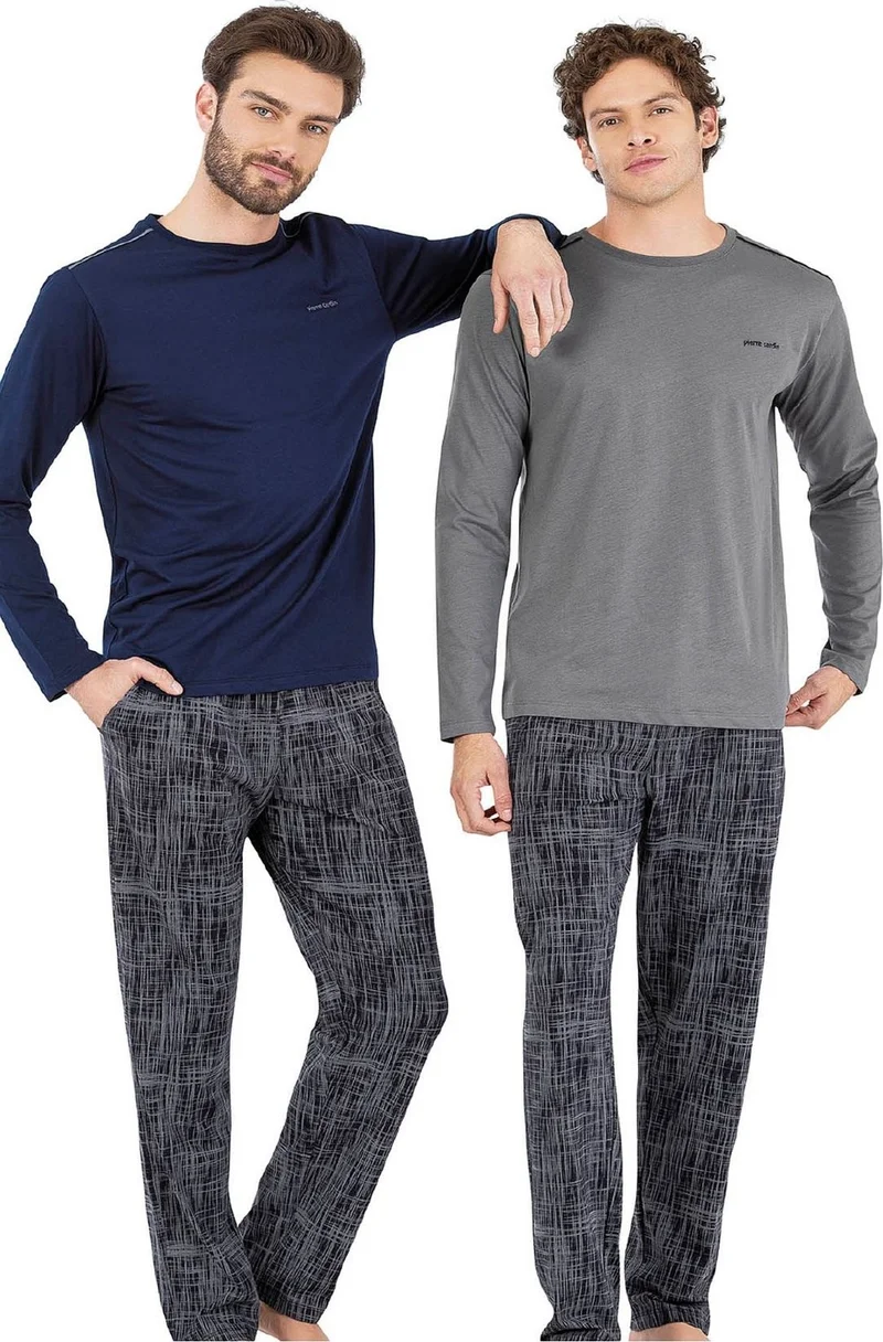 بيير كاردان 6065 Men's Long Sleeve Crew Neck Pajama Set-Gray