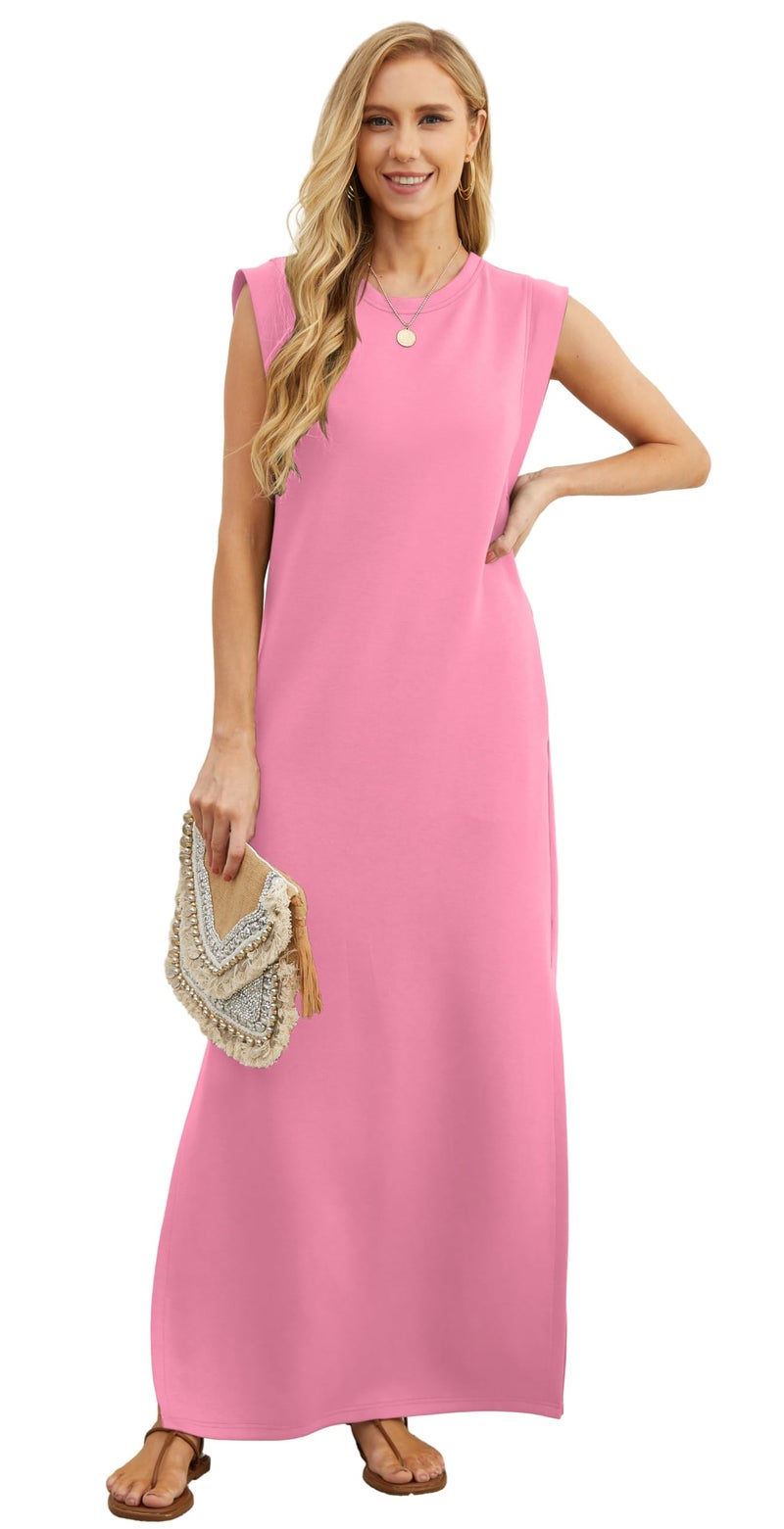GRECERELLE Womens Summer Casual Crew Neck Split Beach Long Maxi Dress with Pockets (Large, Rose Red) - Image 3