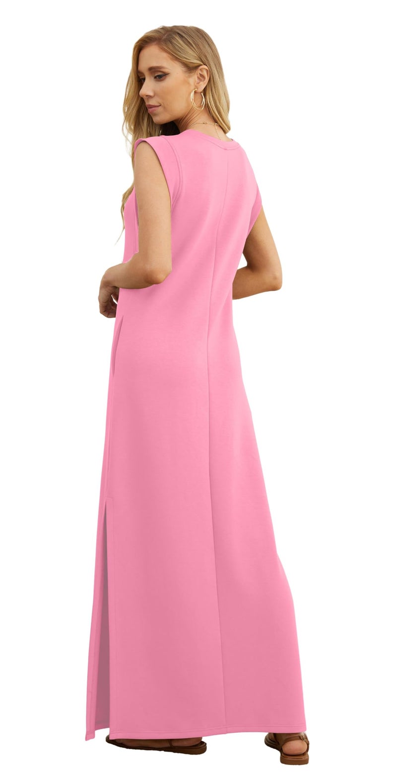 GRECERELLE Womens Summer Casual Crew Neck Split Beach Long Maxi Dress with Pockets (Large, Rose Red) - Image 5