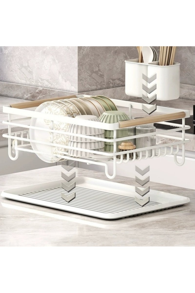 loyal Carbon Steel Dish Dry Rack for Kitchen Counter, Dish Rack with Drain Board and Utensil Hold (White) - Image 3