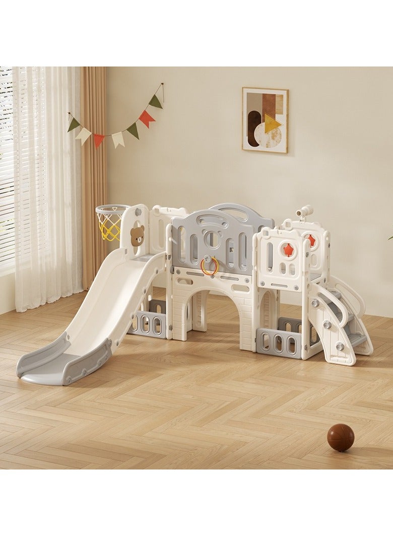 فول جوي زحليقة 8 في 1 للاطفال، زحليقة تسلق مع طوق كرة سلة وسلم وتلسكوب وممر ورمي حلقات ومساحة تخزين وملعب قائم بذاته في الفناء الخلفي للاطفال ، مجموعة لعب داخلية وخارجية في الاماكن المغلقة والمفتوحة - Image 1