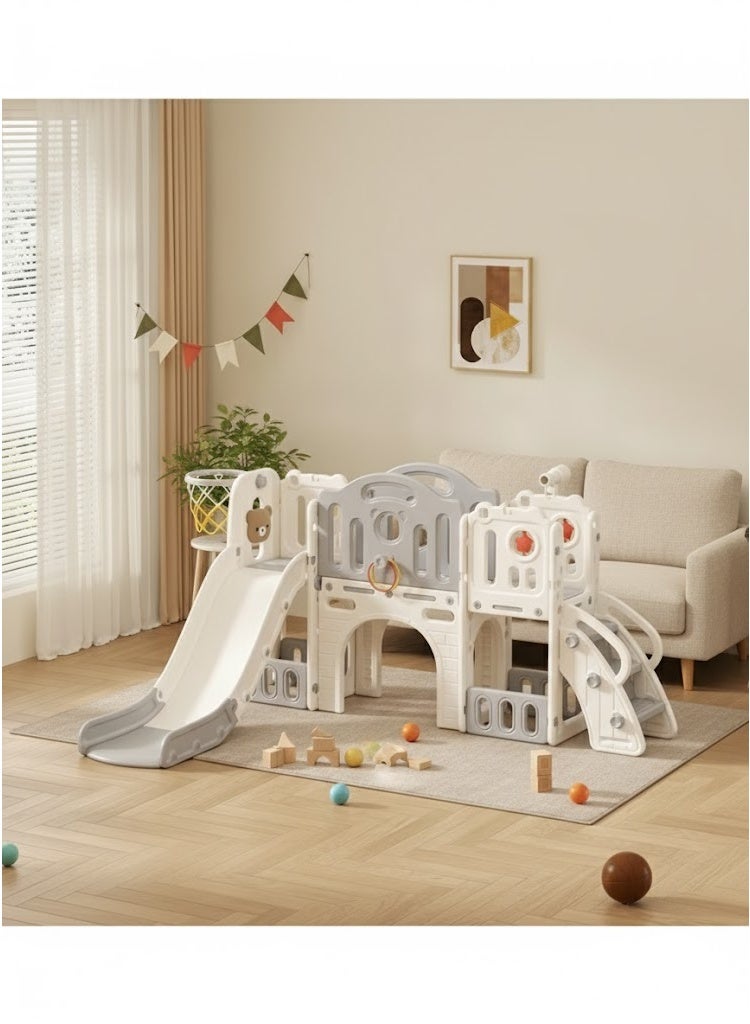 فول جوي زحليقة 8 في 1 للاطفال، زحليقة تسلق مع طوق كرة سلة وسلم وتلسكوب وممر ورمي حلقات ومساحة تخزين وملعب قائم بذاته في الفناء الخلفي للاطفال ، مجموعة لعب داخلية وخارجية في الاماكن المغلقة والمفتوحة - Image 4