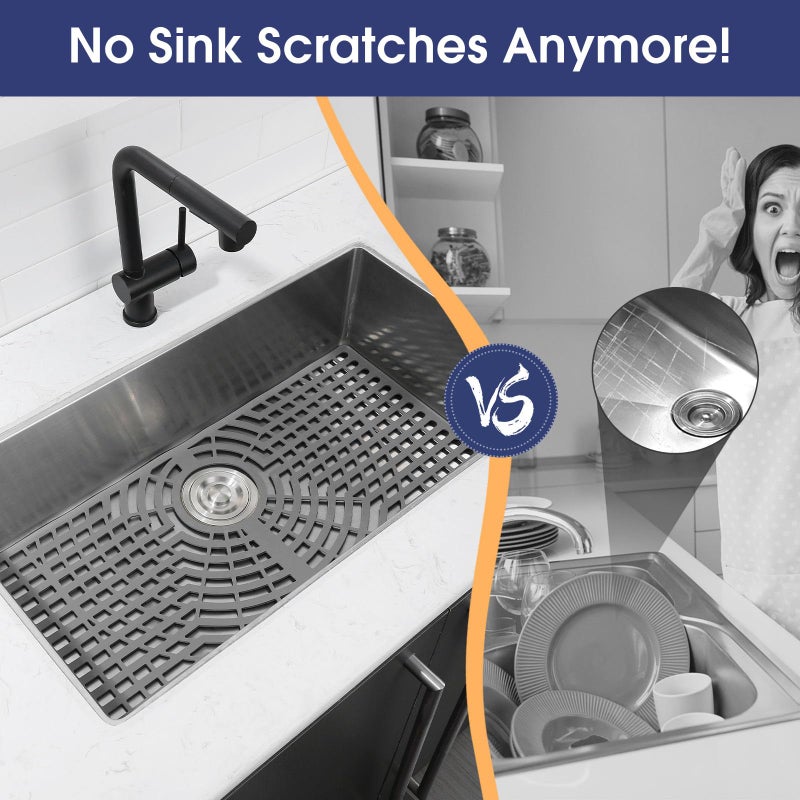 Snuggery Silicone Sink Protector 26â€œx14" Rear Drain Hole, Heat Resistant Non-slip Dishwasher Suitable, Large Sink Mat for Bottom of Farmhouse Kitchen Stainless Steel Sinks(Greyï¼‰ - Image 3