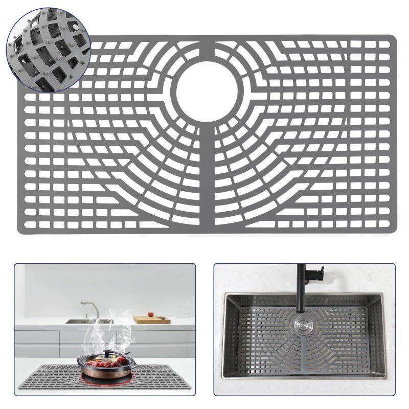 Snuggery Silicone Sink Protector 26â€œx14" Rear Drain Hole, Heat Resistant Non-slip Dishwasher Suitable, Large Sink Mat for Bottom of Farmhouse Kitchen Stainless Steel Sinks(Greyï¼‰ - Image 1