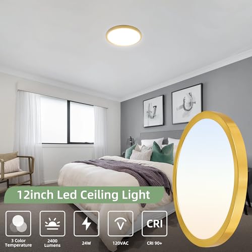 hykolity 12 Inch Selectable CCT LED Round Flat Panel Light, 24W 3000K/4000K/5000K, Edge-Lit Flush Mount Ceiling Light Fixture for Kitchen, Bedroom, Laundry and Closet Room，Gold - Image 2
