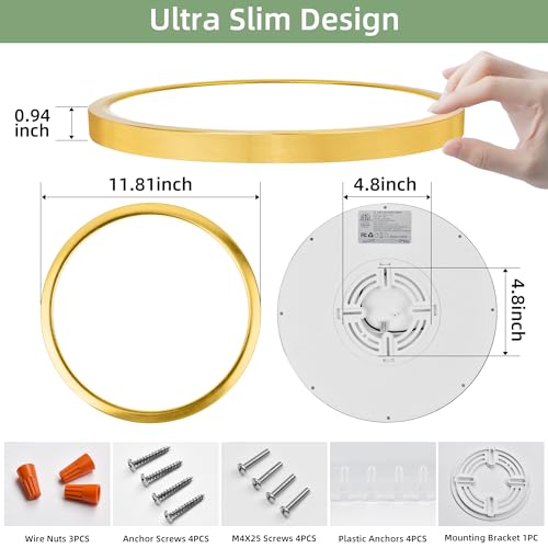 hykolity 12 Inch Selectable CCT LED Round Flat Panel Light, 24W 3000K/4000K/5000K, Edge-Lit Flush Mount Ceiling Light Fixture for Kitchen, Bedroom, Laundry and Closet Room，Gold - Image 3