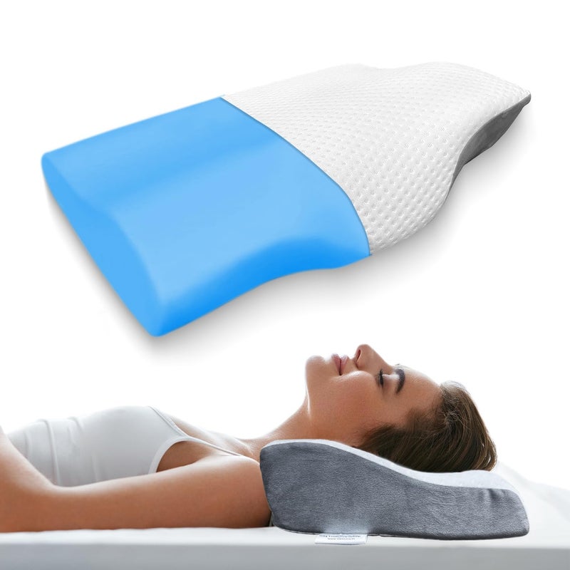 Sleepsia Memory Foam Pillow 1 Year Warranty Cervical Pillow for Neck Pain Pillow for Neck Pain Orthopedic Pillow with Extra Curve Neck Support for Sleeping Side Back Sleepers GreyWhiteGel - Image 1