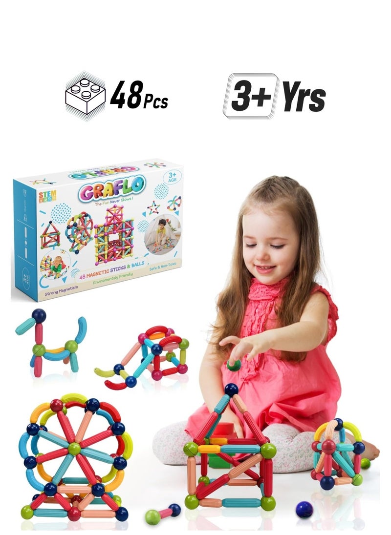 GRAFLO Magnetic Building Blocks Magnetic Sticks and Balls Game Set Construction Set 48 Pcs Early Educational STEM Learning Montessori Preschool Toys Magnet Construction Set for Kids 3+ years  - Image 1