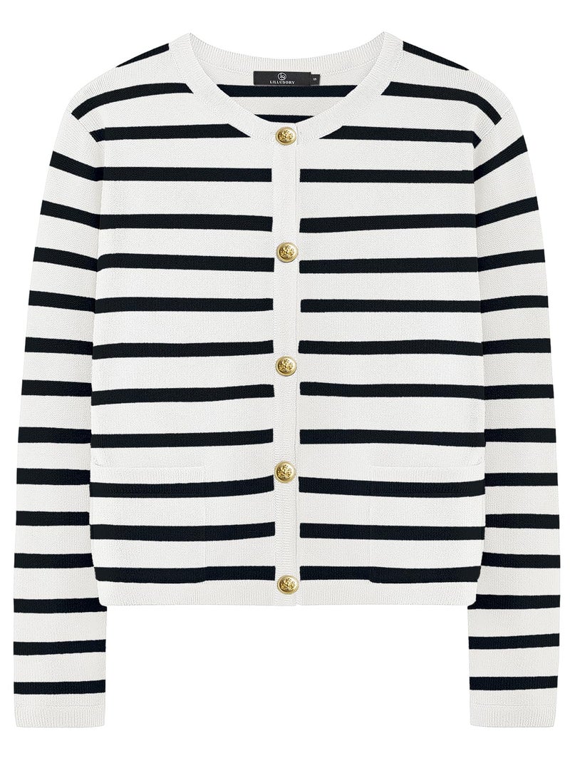 LILLUSORY Women's Striped Cardigan Sweaters Fall Outfits Clothes Fashion Trendy Long Sleeve Tops Casual Knit Lady Jackets White Black S - Image 1