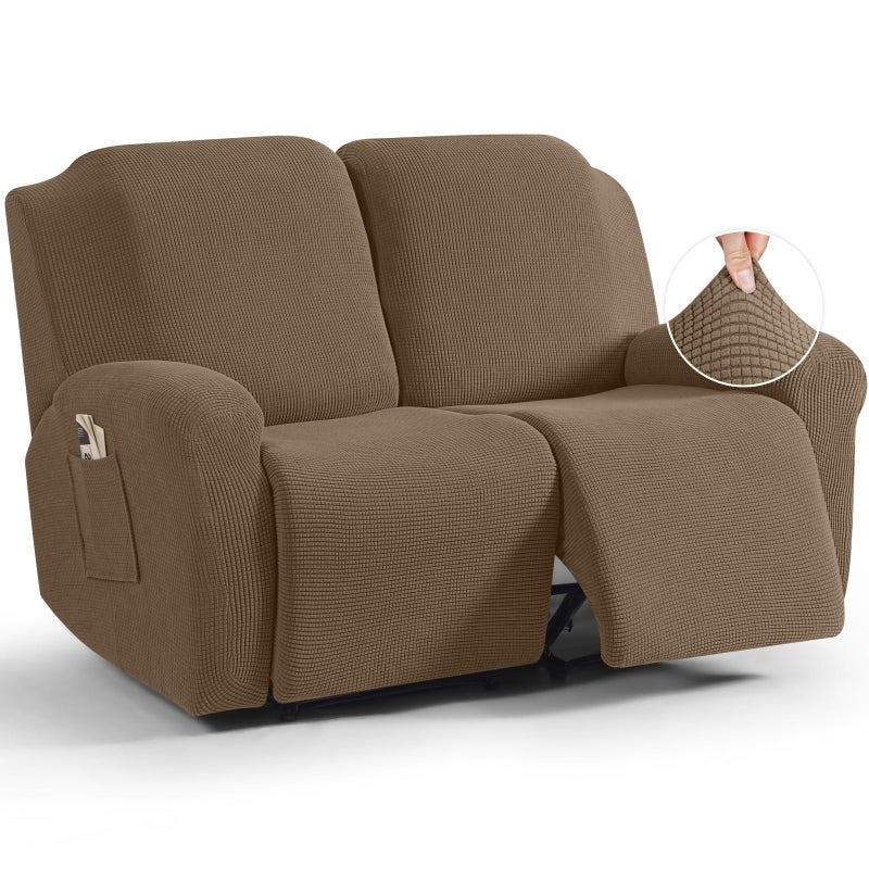 TAOCOCO Recliner Loveseat Slipcover, 6 Pieces Dual Recliner Sofa Covers for 2 Seat Dual Reclining Loveseat Couch, Stretch Soft Jacquard Pattern Furniture Protector with Elasticity (Khaki) - Image 1