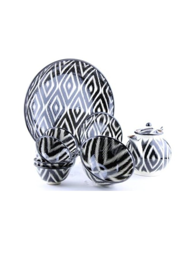 AlsayedP Beautiful Handmade Uzbek Clay Tea and Dinner Set Teapot With Cups Uzbekistan Pottery Traditional Arabic Cawa/ Kahwa Set (Black Tea Set, 11 Pcs)