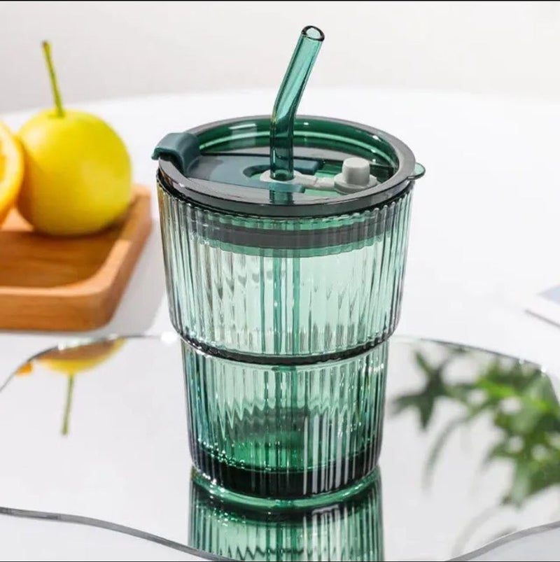 SHOPELLA 380 ML Glass Cups with Lids and Straws Green Colored Striped Coffee Tumbler for Water Iced Tea Juice Beverages Milk Cocktail Mixed Drinks Set of 1 - Image 2
