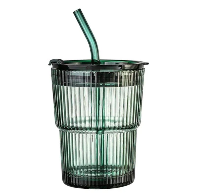 SHOPELLA 380 ML Glass Cups with Lids and Straws Green Colored Striped Coffee Tumbler for Water Iced Tea Juice Beverages Milk Cocktail Mixed Drinks Set of 1 - Image 1